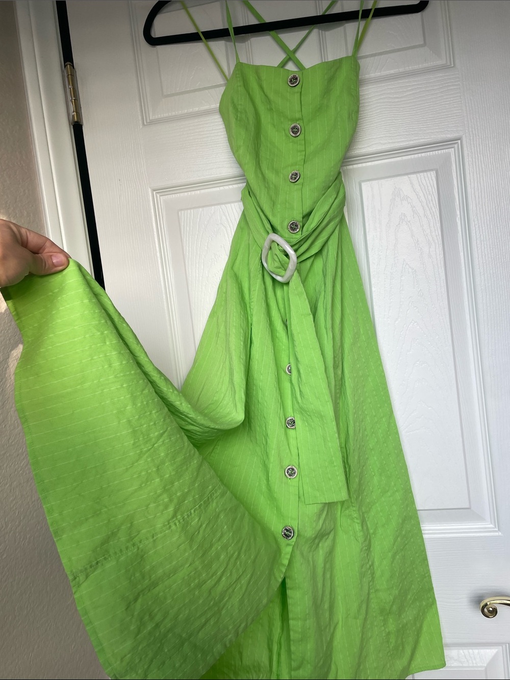 Moon River Bright Lime Green Button-Front Maxi Dress with Buckle Belt